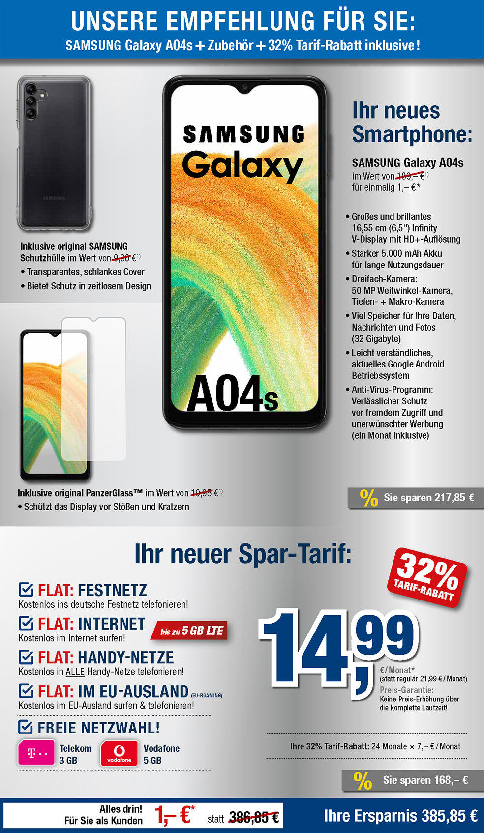 Für nur 1 €*: Samsung Galaxy A04s + Zubehör + Handyvertrag mit ALL NET FLAT für 19,99 €/Monat