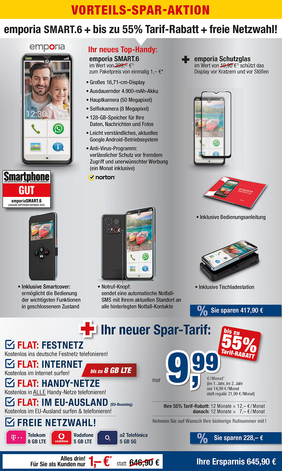 r nur 1 €*: emporia SMART.6 + Zubehör + Handyvertrag mit ALL NET FLAT für 9,99 €/Monat im 1. Jahr