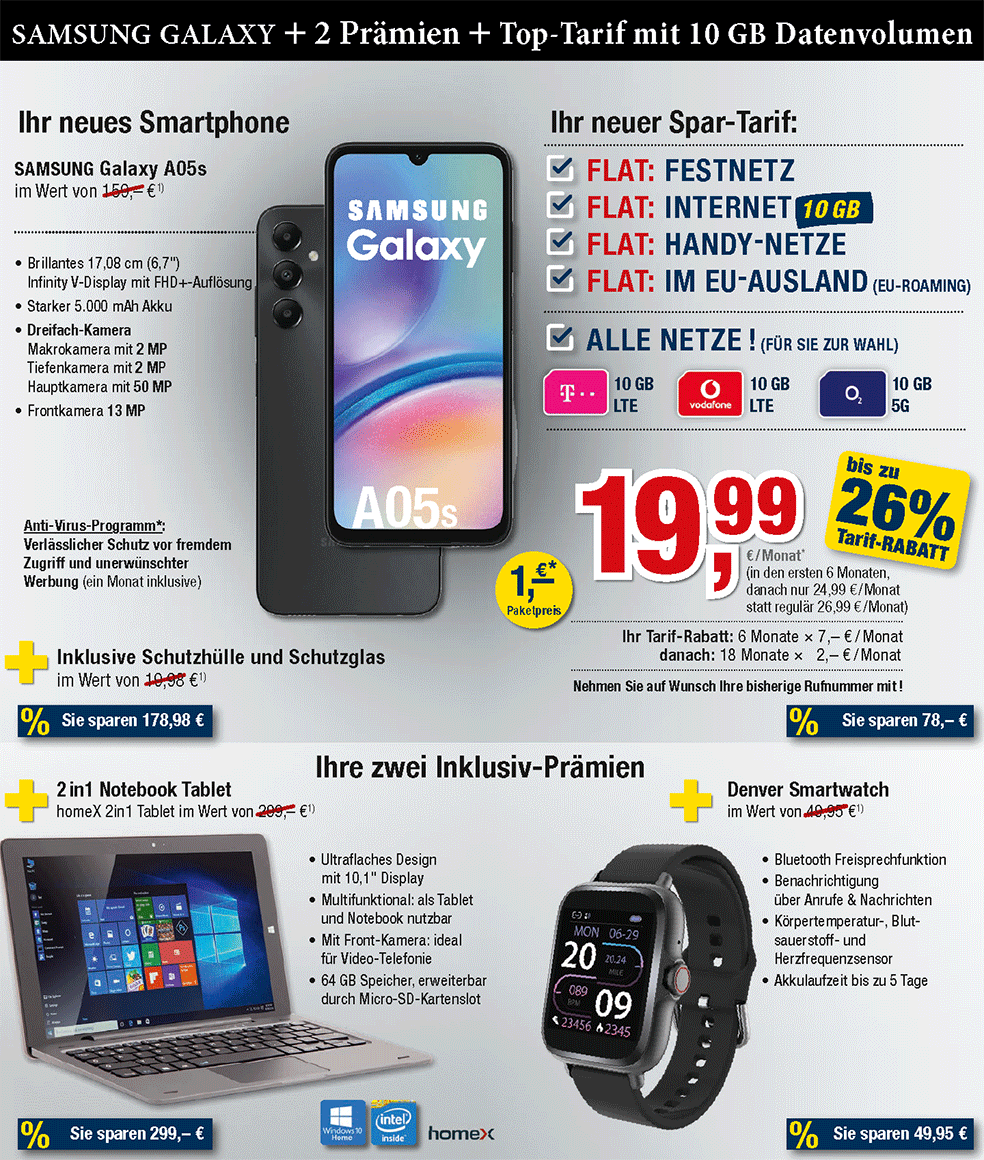Für nur 1 €*: Samsung Galaxy A05s mit Zubehör + 2in1 Tablet + Smartwatch, ALL NET SPAR-Tarif für 19,99 € pro Monat in den ersten 6 Monaten