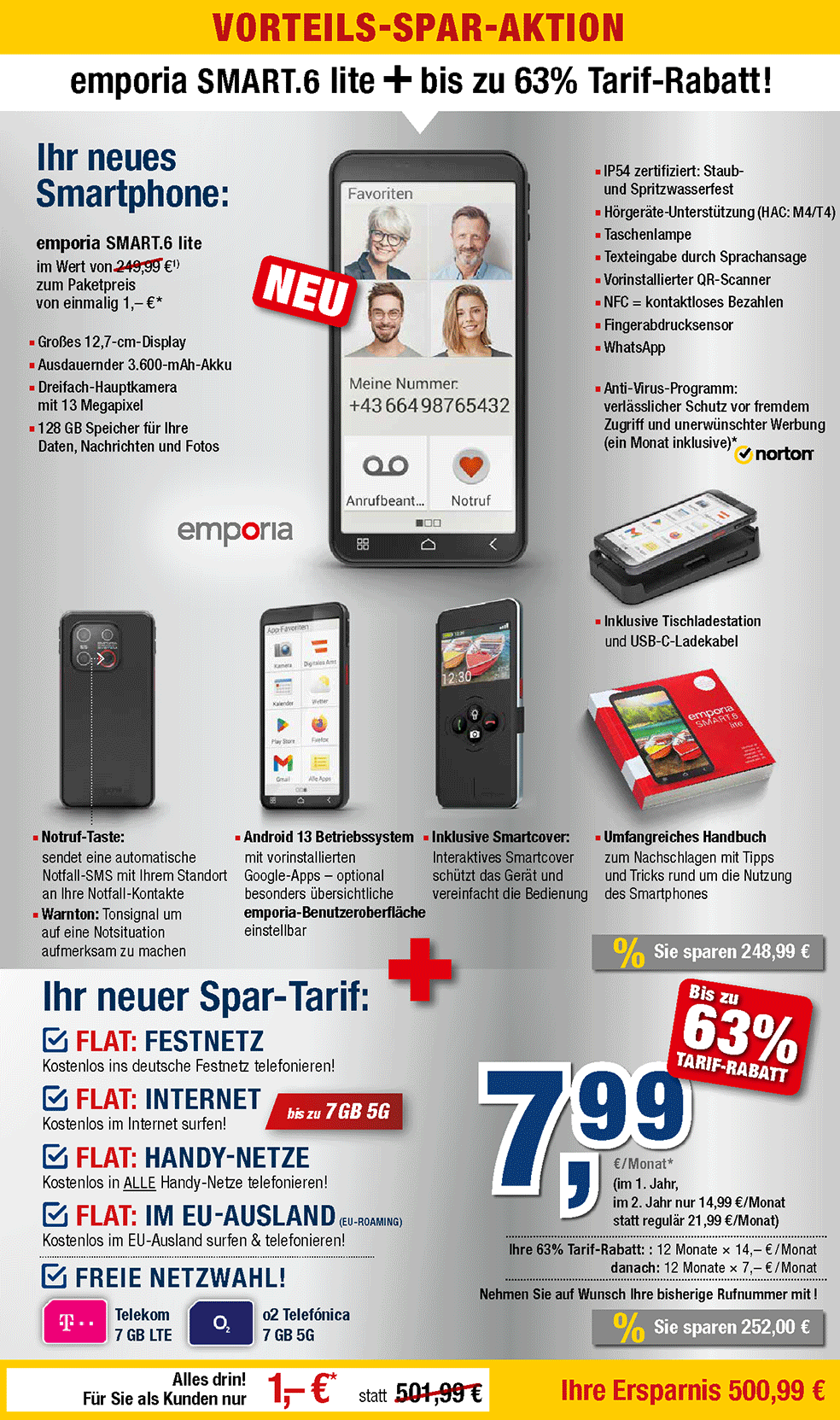Für nur 1 €*: emporia SMART.6 lite + Handyvertrag mit ALL NET FLAT für 7,99 €/Monat im 1. Jahr