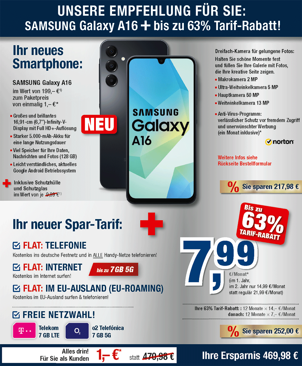 Für nur 1 €*: Samsung Galaxy A16 + Zubehör + Handyvertrag mit ALL NET FLAT für 7,99 €/Monat im 1. Jahr