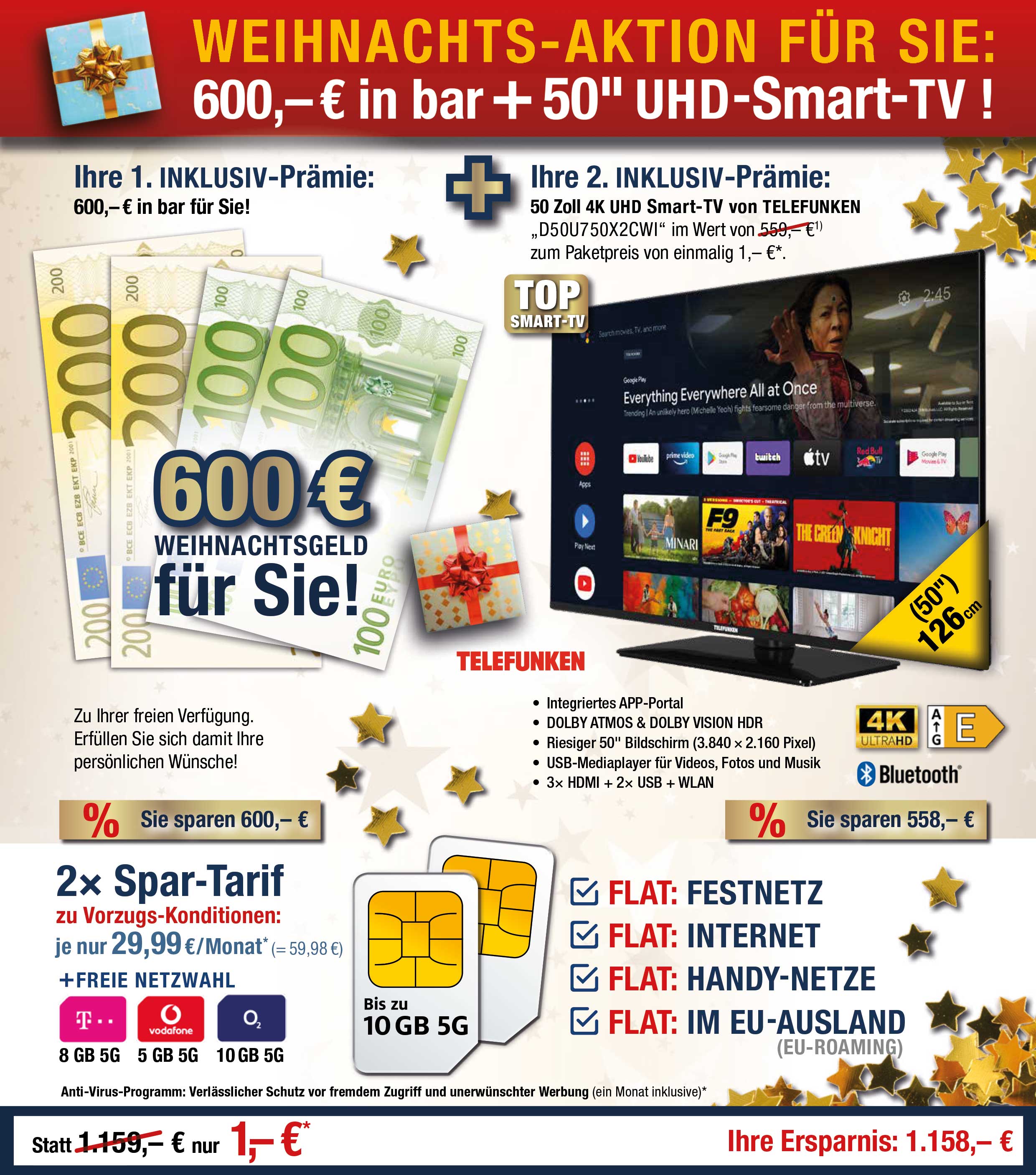 Für nur 1 €*: Telefunken 50 Zoll UHD-TV + 600 € bar + 2 x SIM only mit ALL NET FLAT für je 29,99 €/Monat