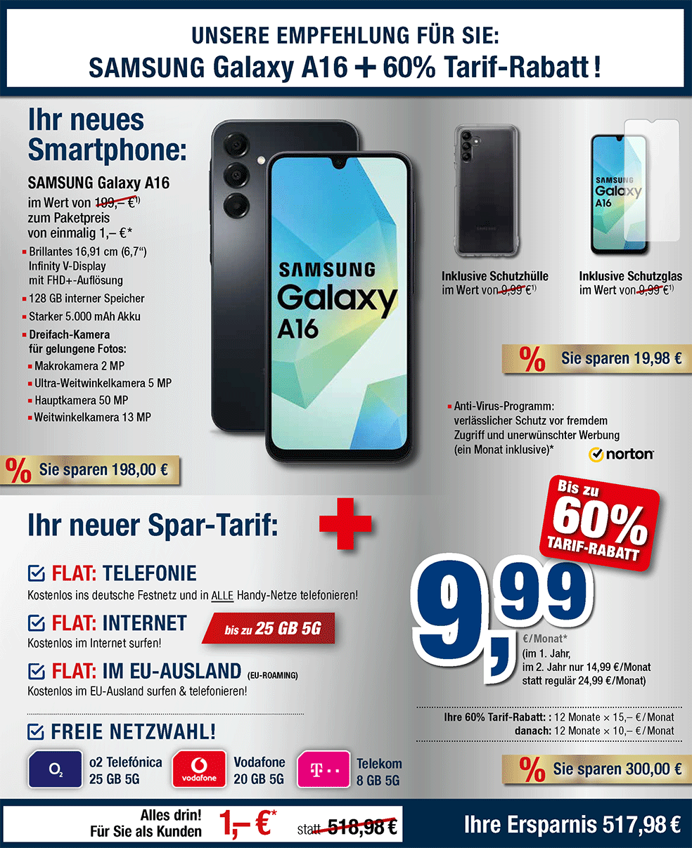 Für nur 1 €*: Samsung Galaxy A16 + Zubehör + Handyvertrag mit ALL NET FLAT für 9,99 €/Monat im 1. Jahr